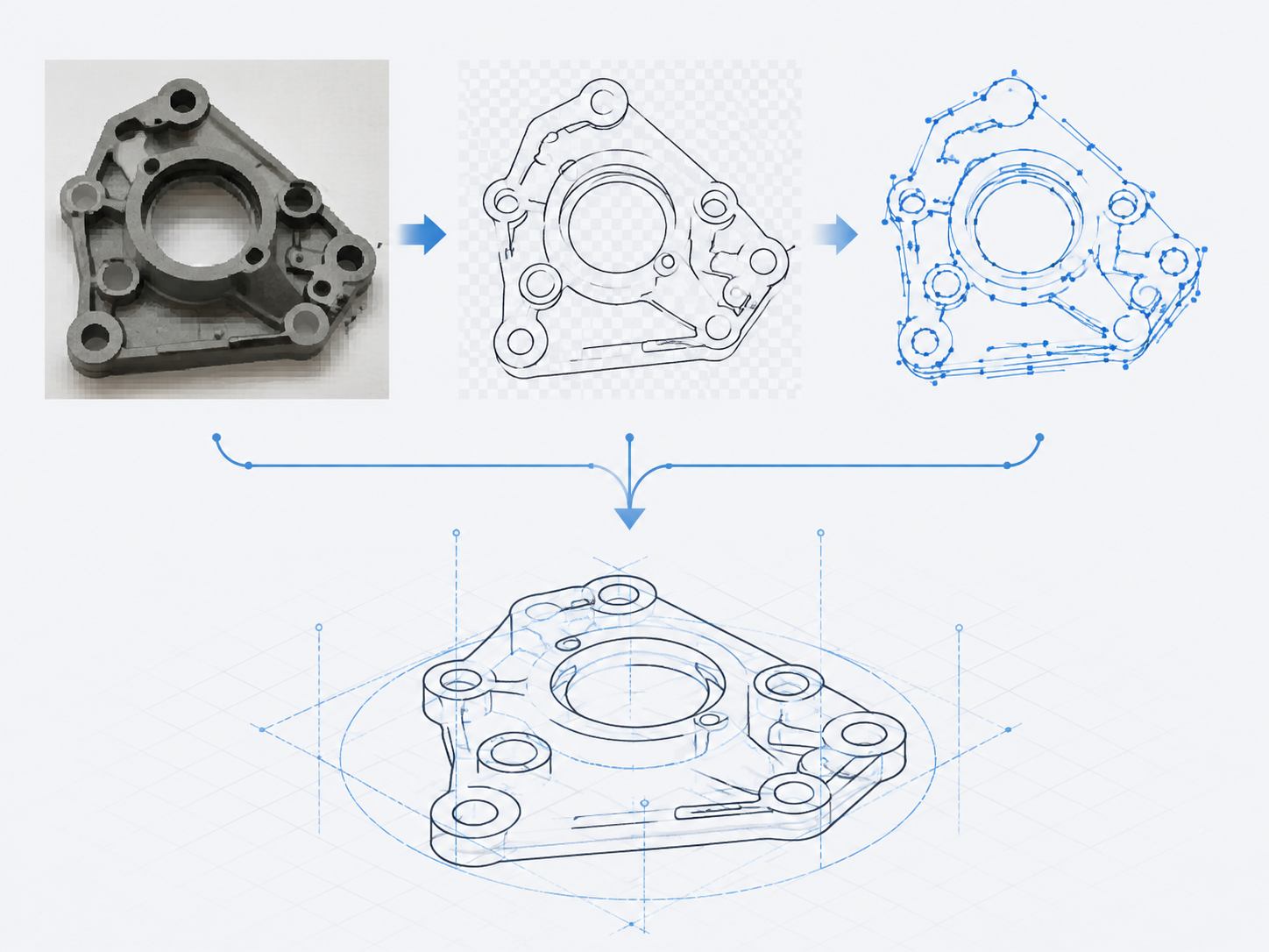 AI-generated workflow illustration showing pixels becoming editable vector curves and CAD geometry